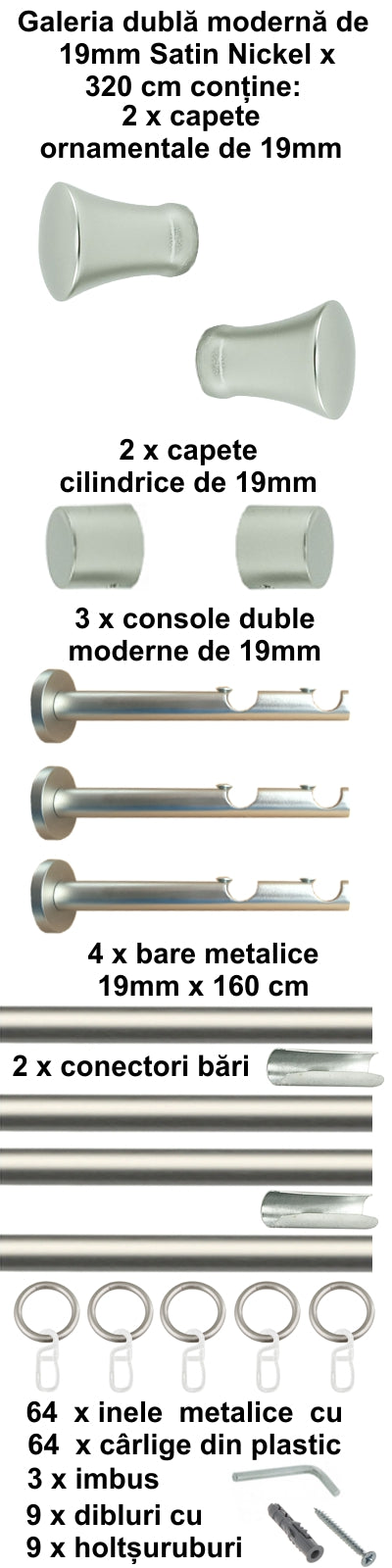 Galerie Metalică Monaco, dublă, modernă, cu inele, 19mm, satin nichel (argintiu mat)