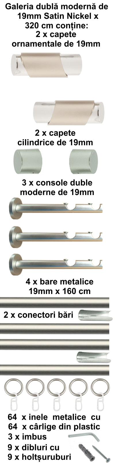 Galerie Metalică Paris, dublă, modernă, cu inele, 19mm, satin nichel (argintiu mat)