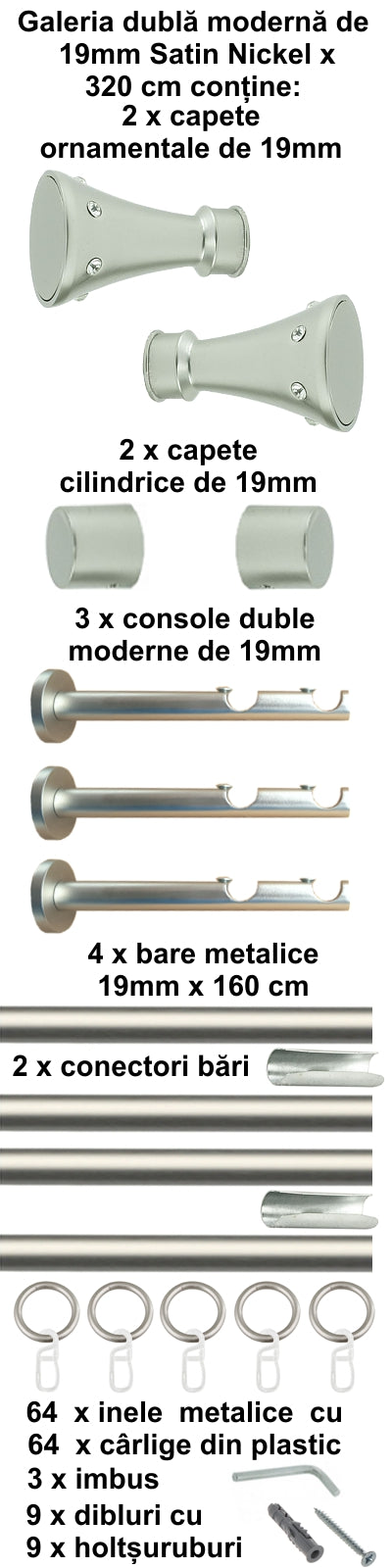 Galerie Metalică Sigma, dublă, modernă, cu inele, 19mm, satin nichel (argintiu mat)