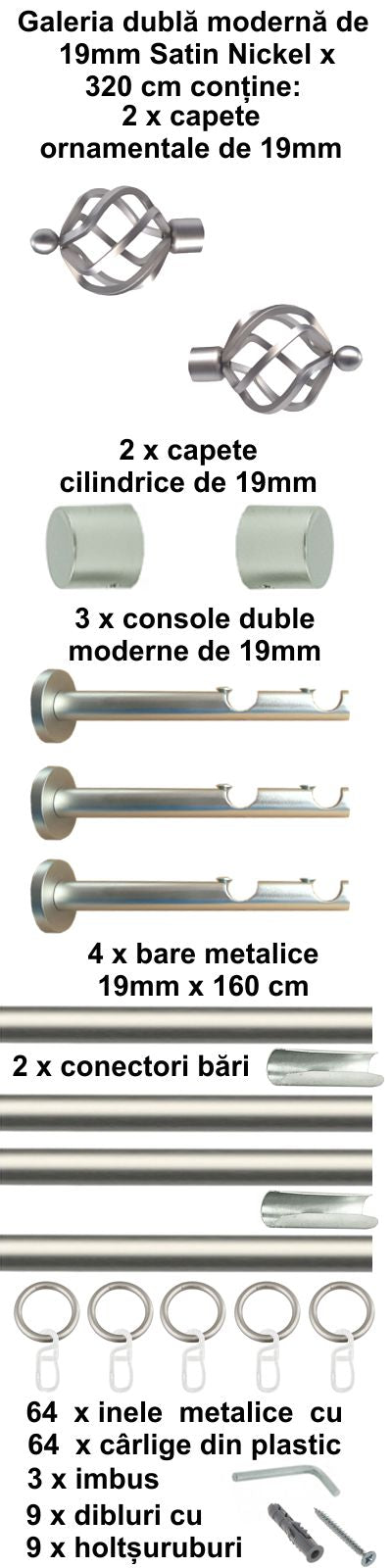 Galerie Metalică Torso, dublă, modernă, cu inele, 19mm, satin nichel (argintiu mat)