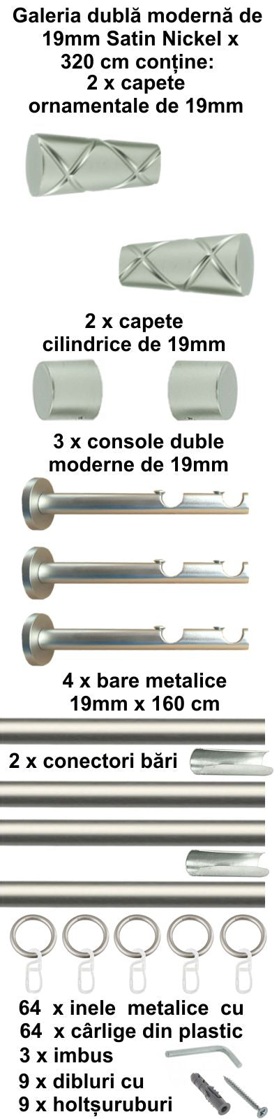 Galerie Metalică Zeus, dublă, modernă, cu inele, 19mm, satin nichel (argintiu mat)