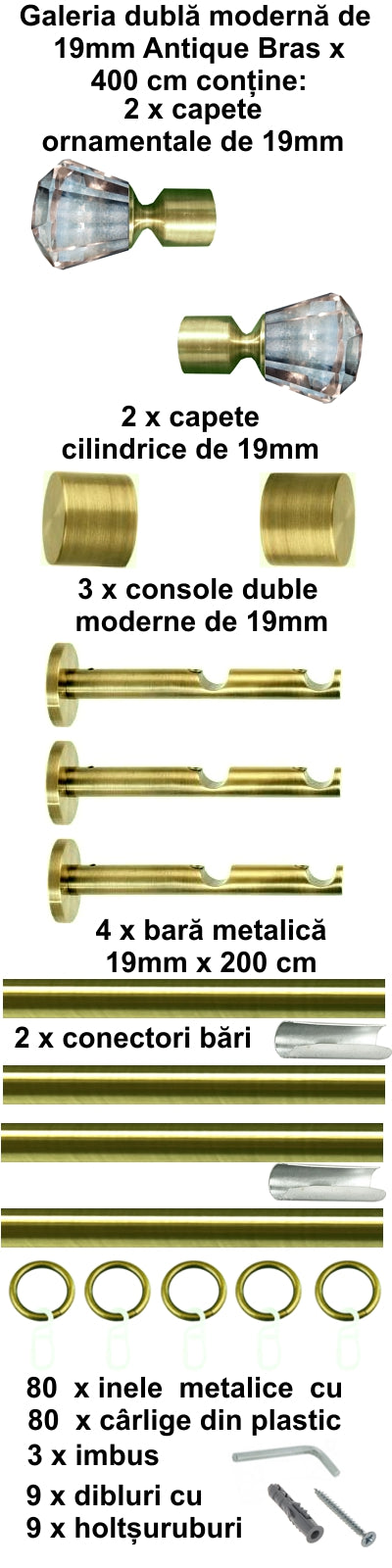 Galerie Metalică Cristal, simplă, clasică, cu inele, 19mm, antique brass (auriu antic)