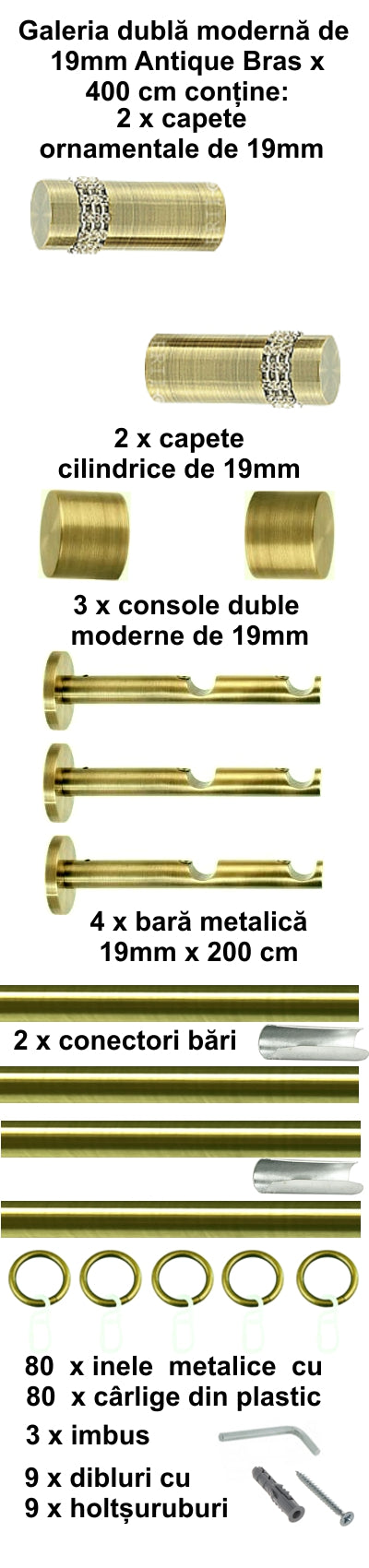 Galerie Metalică Dios, dublă, modernă, cu inele, 19mm, antique brass (auriu antic)