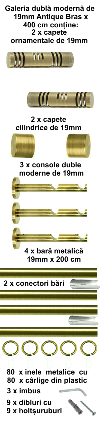 Galerie Metalică Elis, dublă, modernă, cu inele, 19mm, antique brass (auriu antic)