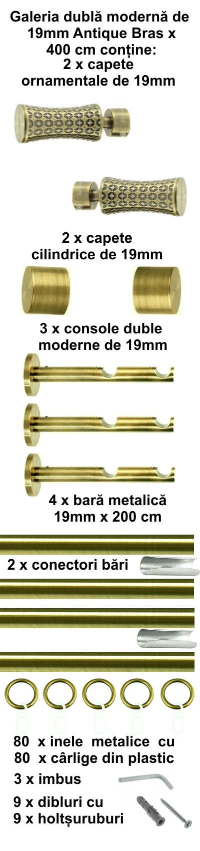 Galerie Metalică Jaris, dublă, modernă, cu inele, 19mm, antique brass (auriu antic)