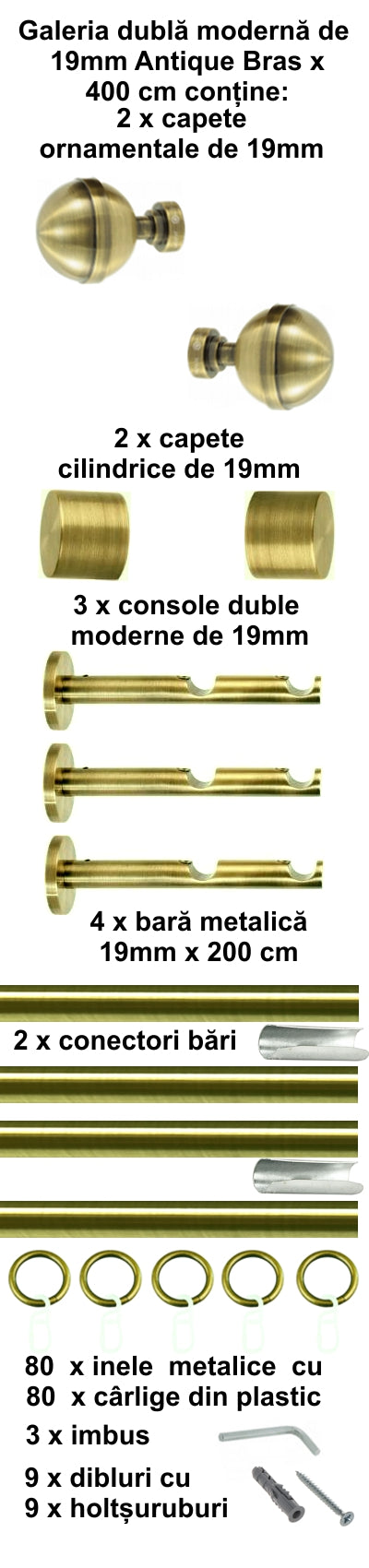 Galerie Metalică Kalisto, dublă, modernă, cu inele, 19mm, antique brass (auriu antic)