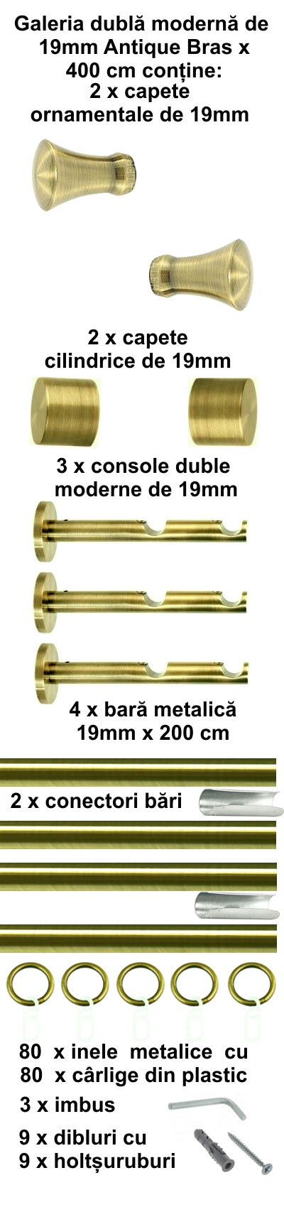 Galerie Metalică Monaco, dublă, modernă, cu inele, 19mm, antique brass (auriu antic)