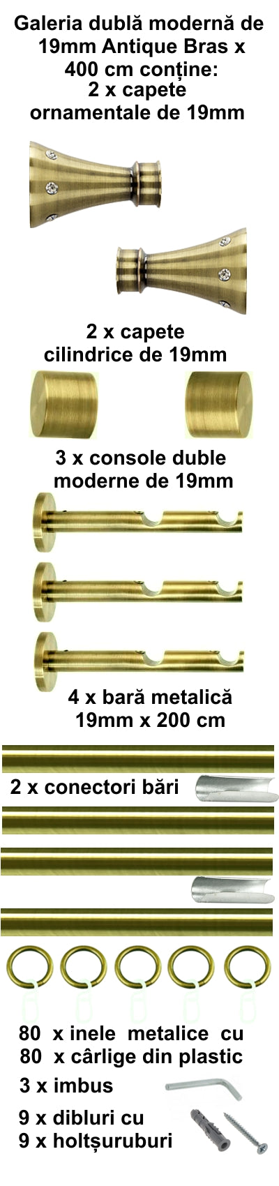 Galerie Metalică Sigma, dublă, modernă, cu inele, 19mm, antique brass (auriu antic)
