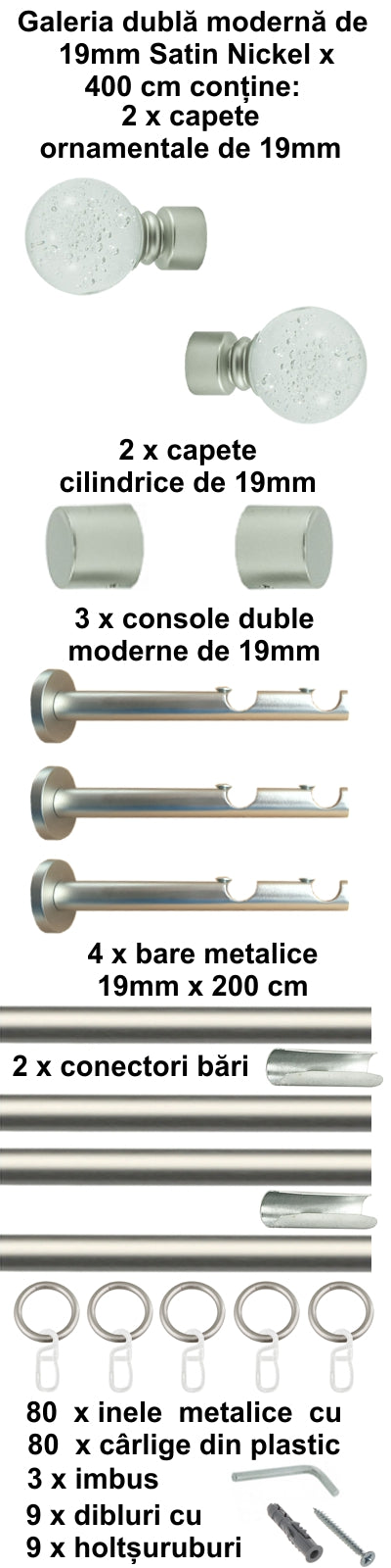 Galerie Metalică Buble, dublă, modernă, cu inele, 19mm, satin nichel (argintiu mat)
