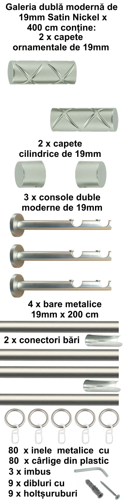 Galerie Metalică Ciel, dublă, modernă, cu inele, 19mm, satin nichel (argintiu mat)