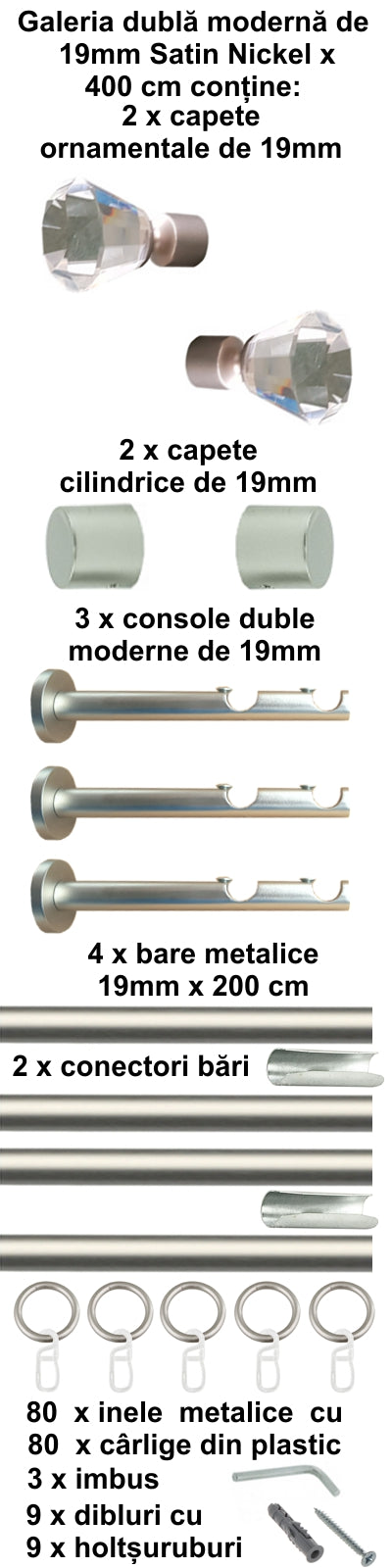 Galerie Metalică Cristal, dublă, modernă, cu inele, 19mm, satin nichel (argintiu mat)
