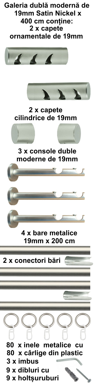 Galerie Metalică Drop, dublă, modernă, cu inele, 19mm, satin nichel (argintiu mat)
