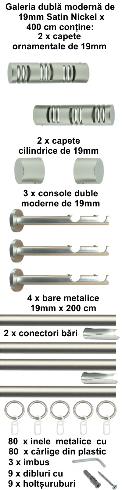 Galerie Metalică Elis, dublă, modernă, cu inele, 19mm, satin nichel (argintiu mat)