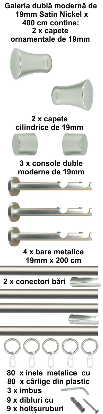 Galerie Metalică Monaco, dublă, modernă, cu inele, 19mm, satin nichel (argintiu mat)