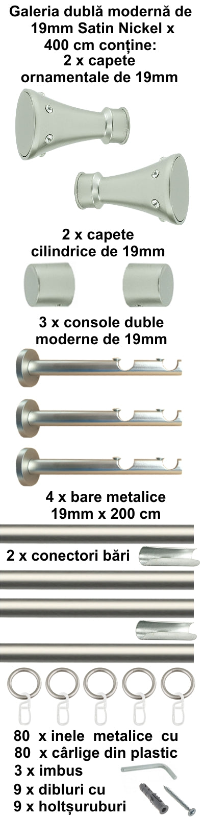 Galerie Metalică Sigma, dublă, modernă, cu inele, 19mm, satin nichel (argintiu mat)