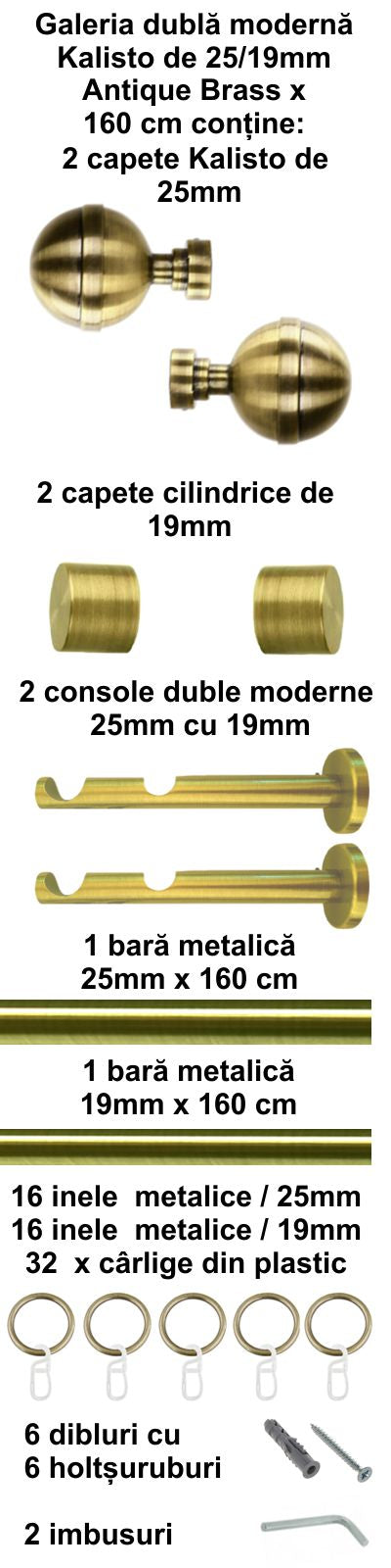 Galerie Metalică Kalisto, dublă, modernă, cu inele, 25mm, antique brass (auriu antic)