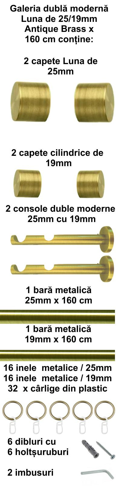 Galerie Metalică Luna, dublă, modernă, cu inele, 25mm, antique brass (auriu antic)