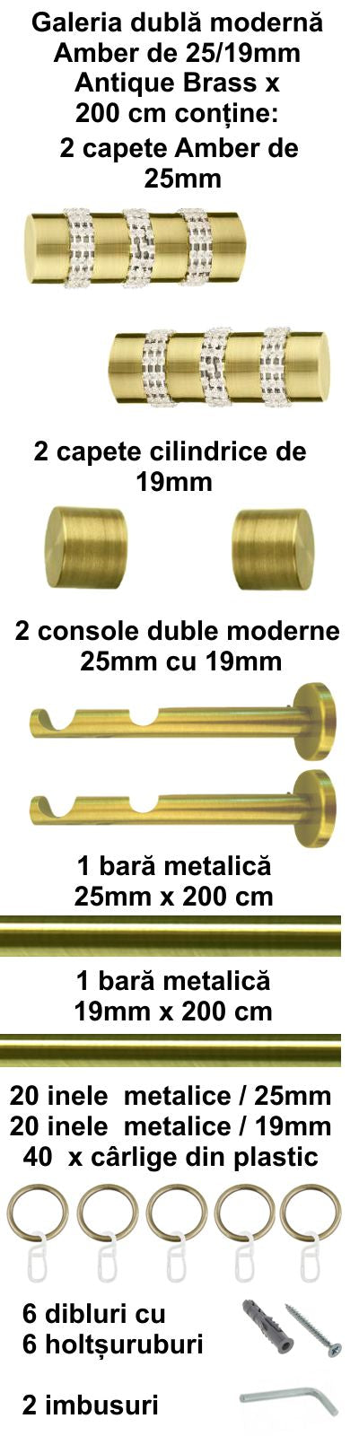 Galerie Metalică Amber, dublă, modernă, cu inele, 25mm, antique brass (auriu antic)