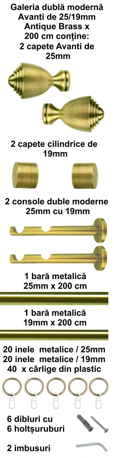 Galerie Metalică Avanti, dublă, modernă, cu inele, 25mm, antique brass (auriu antic)