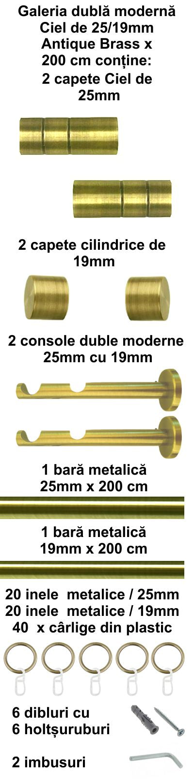 Galerie Metalică Ciel, dublă, modernă, cu inele, 25mm, antique brass (auriu antic)