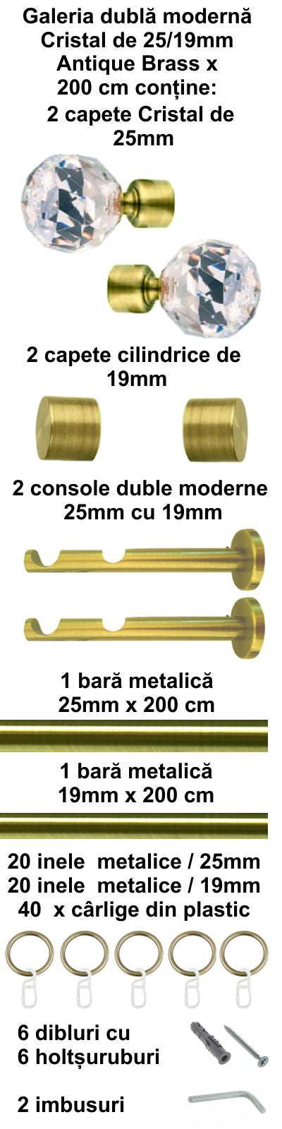 Galerie Metalică Cristal, dublă, modernă, cu inele, 25mm, antique brass (auriu antic)