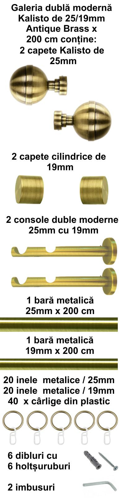 Galerie Metalică Kalisto, dublă, modernă, cu inele, 25mm, antique brass (auriu antic)