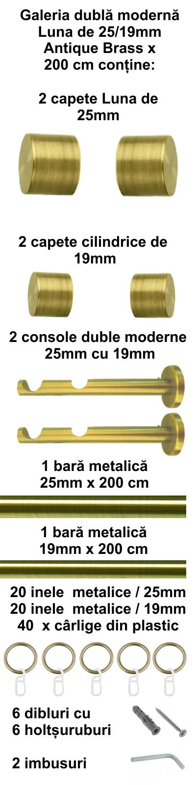 Galerie Metalică Luna, dublă, modernă, cu inele, 25mm, antique brass (auriu antic)