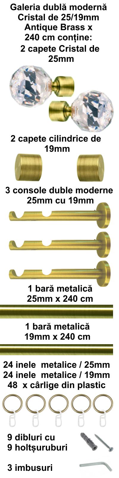 Galerie Metalică Cristal, dublă, modernă, cu inele, 25mm, antique brass (auriu antic)