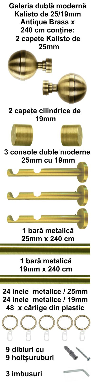 Galerie Metalică Kalisto, dublă, modernă, cu inele, 25mm, antique brass (auriu antic)