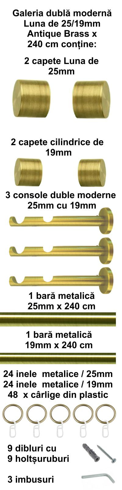 Galerie Metalică Luna, dublă, modernă, cu inele, 25mm, antique brass (auriu antic)