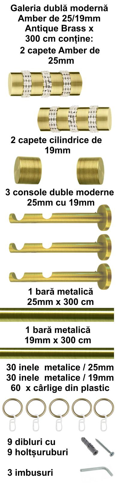 Galerie Metalică Amber, dublă, modernă, cu inele, 25mm, antique brass (auriu antic)