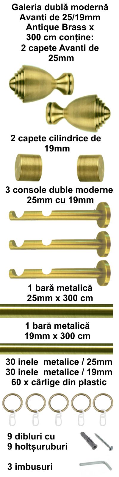 Galerie Metalică Avanti, dublă, modernă, cu inele, 25mm, antique brass (auriu antic)