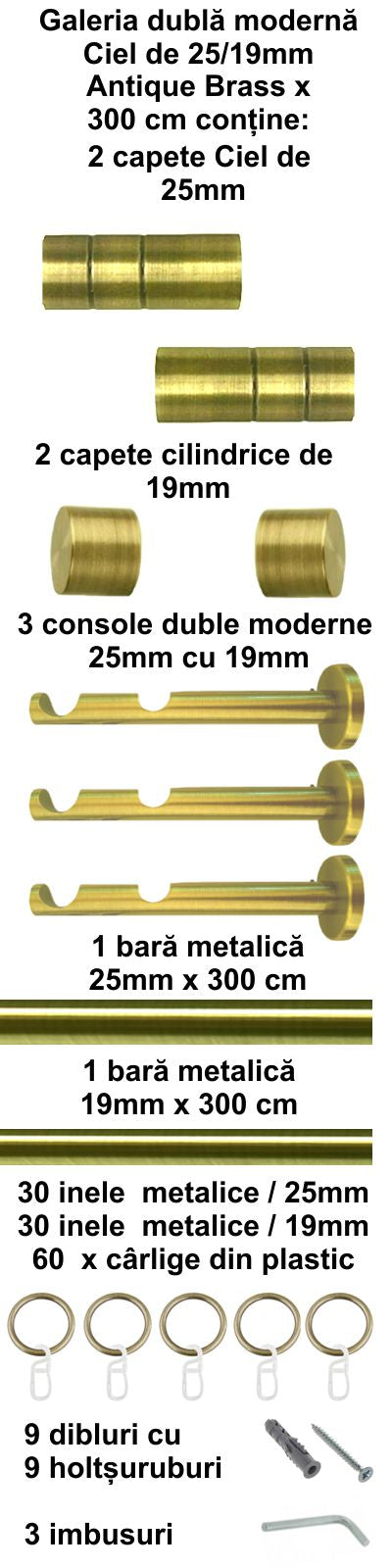 Galerie Metalică Ciel, dublă, modernă, cu inele, 25mm, antique brass (auriu antic)
