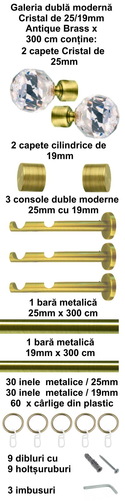 Galerie Metalică Cristal, dublă, modernă, cu inele, 25mm, antique brass (auriu antic)