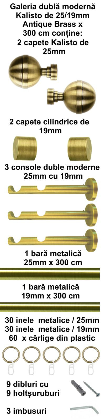 Galerie Metalică Kalisto, dublă, modernă, cu inele, 25mm, antique brass (auriu antic)