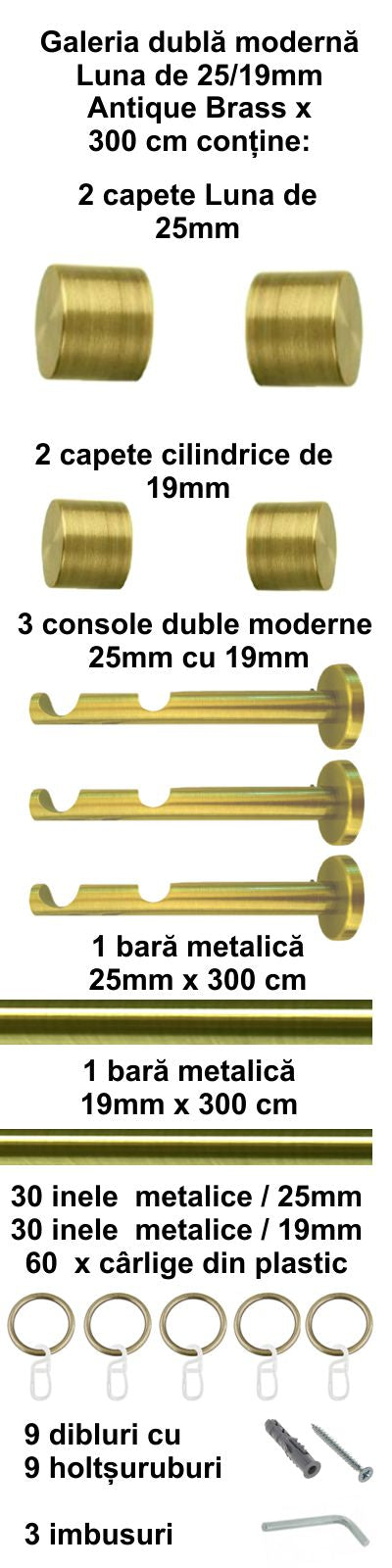 Galerie Metalică Luna, dublă, modernă, cu inele, 25mm, antique brass (auriu antic)