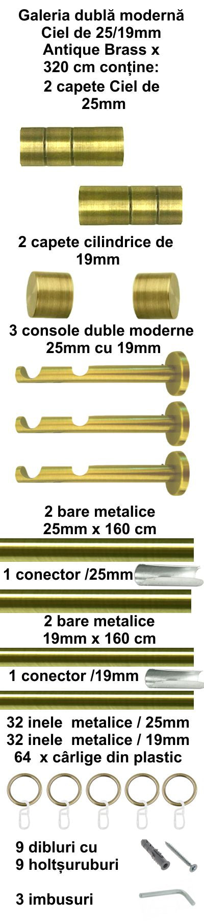 Galerie Metalică Ciel, dublă, modernă, cu inele, 25mm, antique brass (auriu antic)