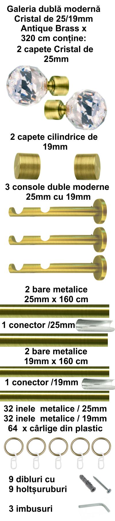 Galerie Metalică Cristal, dublă, modernă, cu inele, 25mm, antique brass (auriu antic)