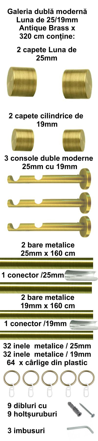 Galerie Metalică Luna, dublă, modernă, cu inele, 25mm, antique brass (auriu antic)