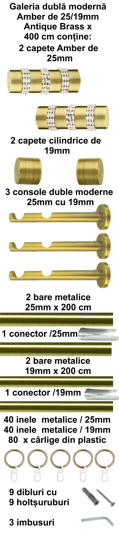Galerie Metalică Amber, dublă, modernă, cu inele, 25mm, antique brass (auriu antic)