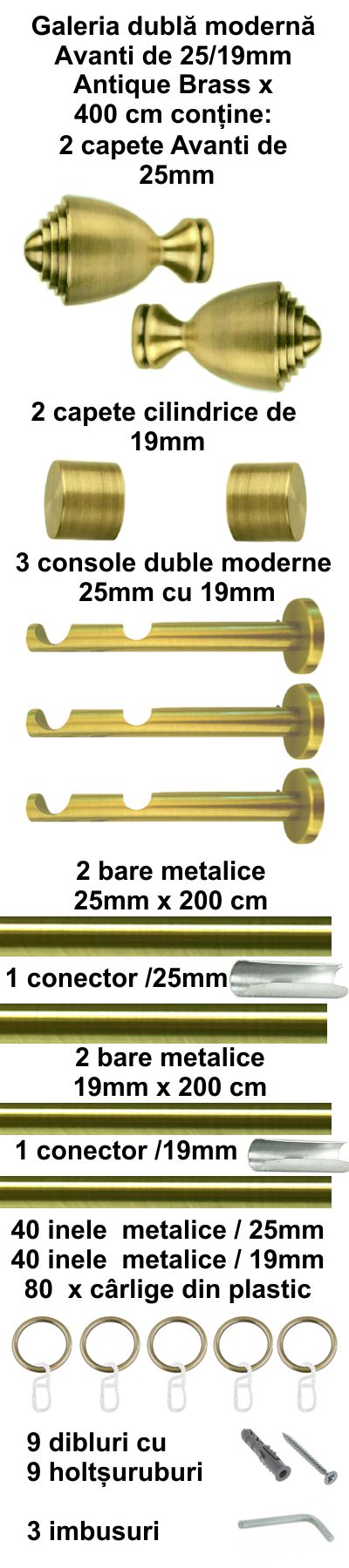 Galerie Metalică Avanti, dublă, modernă, cu inele, 25mm, antique brass (auriu antic)