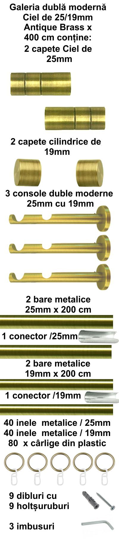 Galerie Metalică Ciel, dublă, modernă, cu inele, 25mm, antique brass (auriu antic)