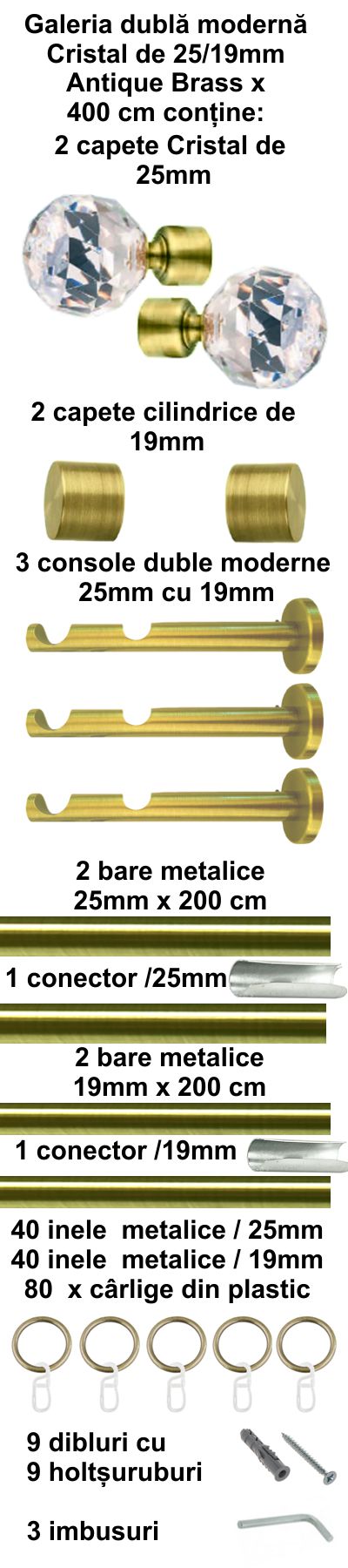 Galerie Metalică Cristal, dublă, modernă, cu inele, 25mm, antique brass (auriu antic)