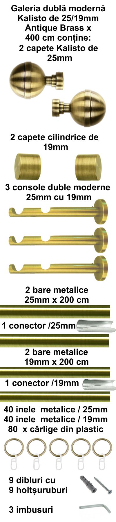 Galerie Metalică Kalisto, dublă, modernă, cu inele, 25mm, antique brass (auriu antic)