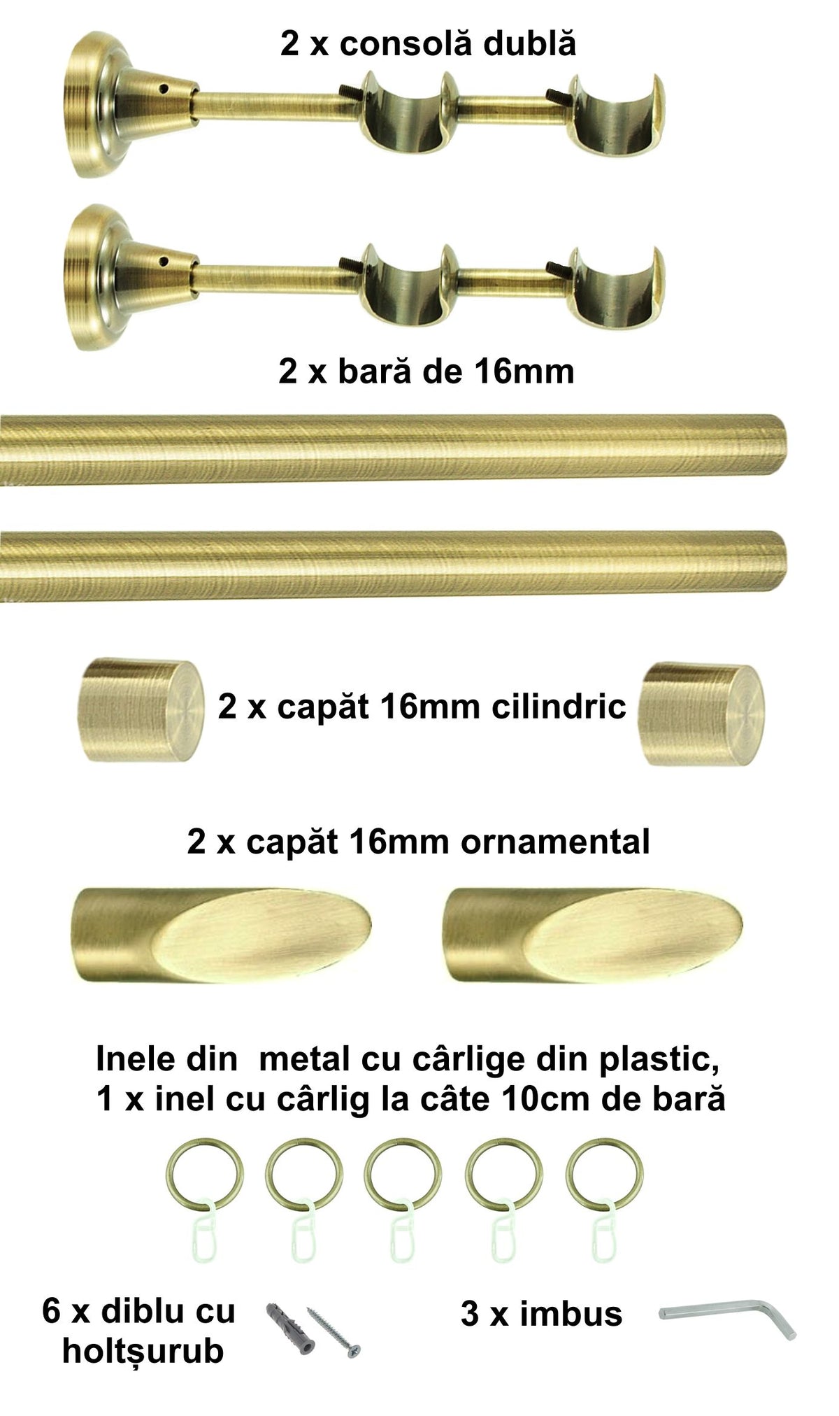 Galerie Metalică Alexia, dublă, clasică, cu inele, 16mm, antique brass (auriu antic)