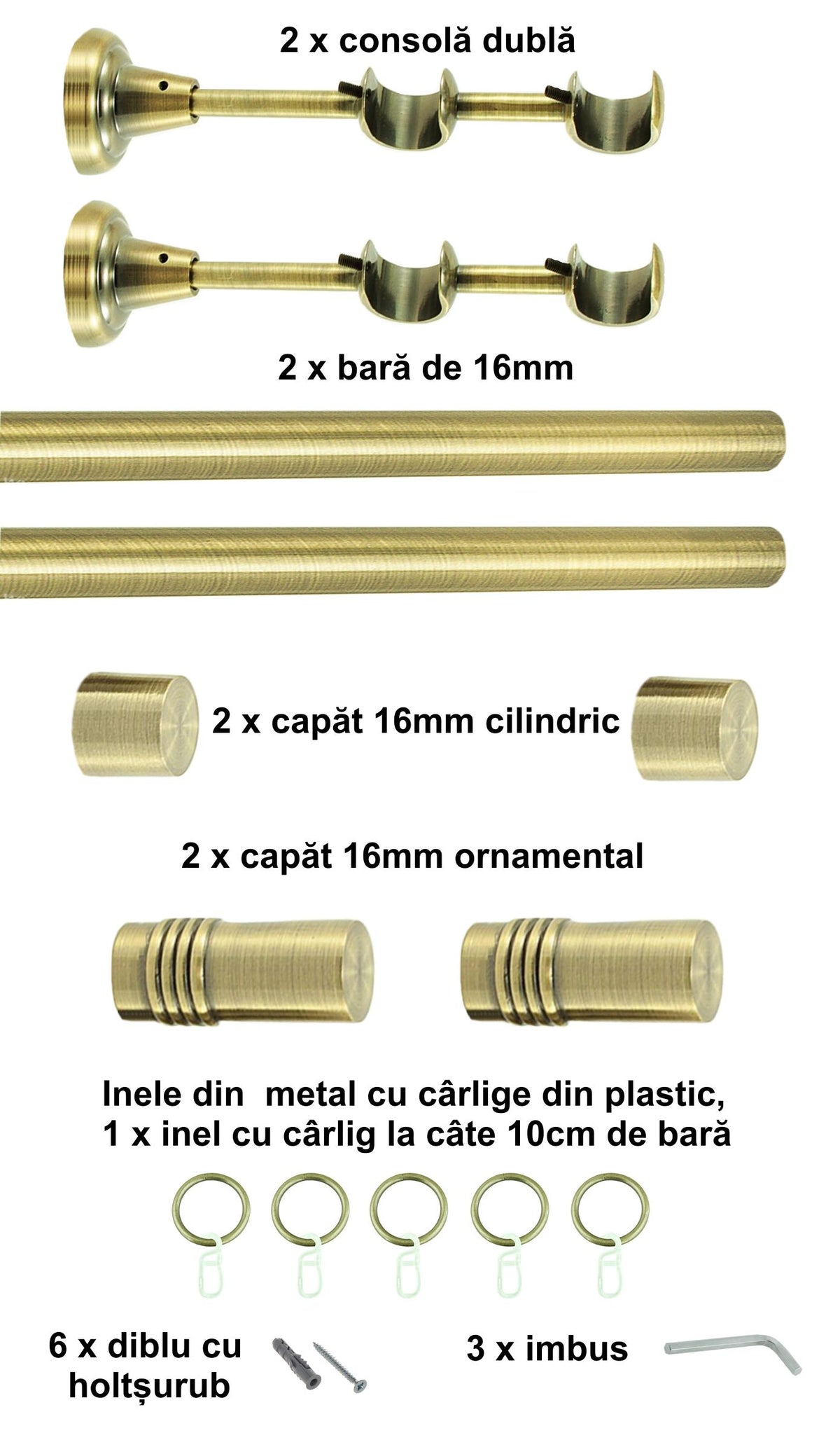 Galerie Metalică Celtex, dublă, clasică, cu inele, 16mm, antique brass (auriu antic)