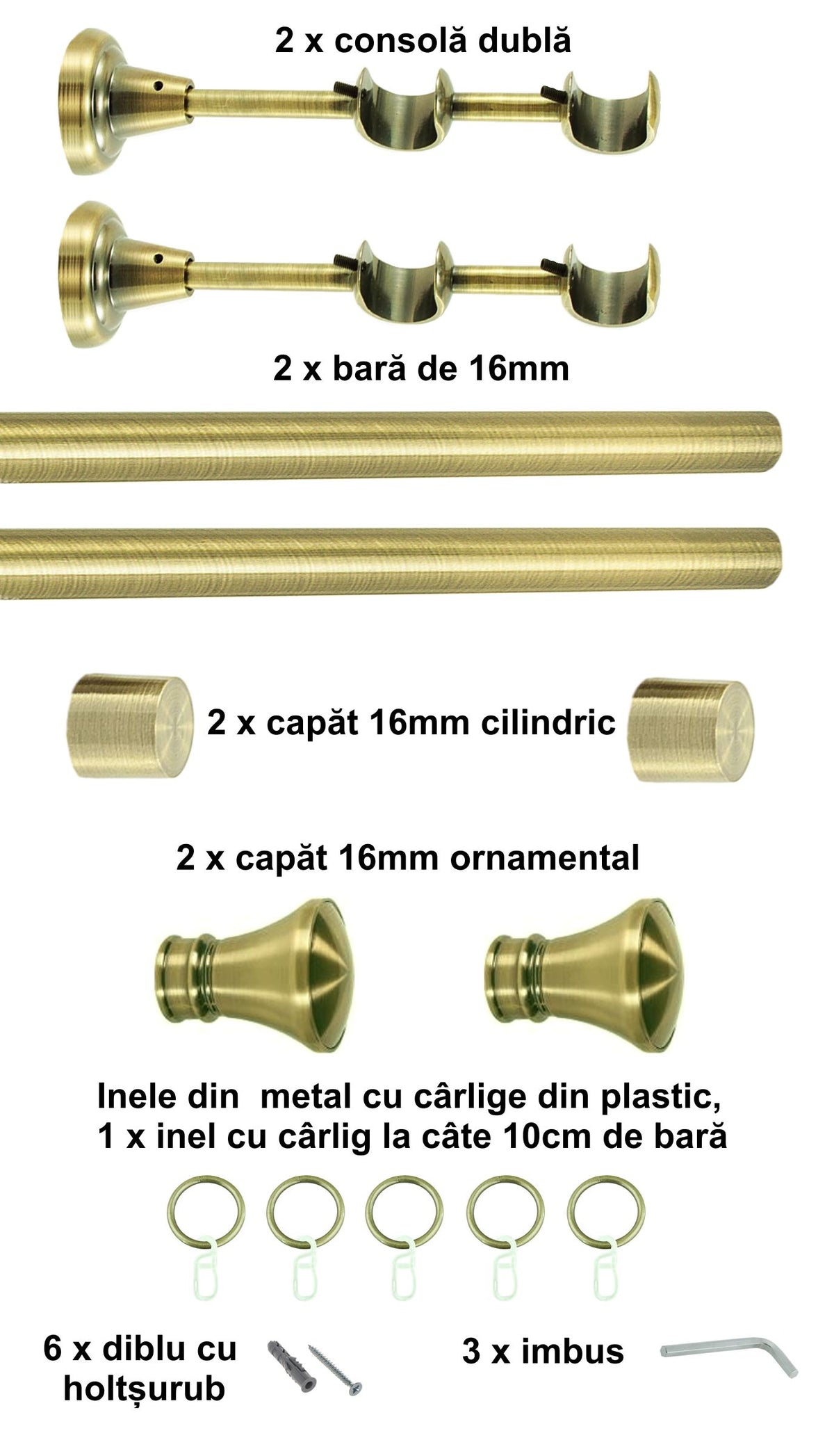 Galerie Metalică Conic, dublă, clasică, cu inele, 16mm, antique brass (auriu antic)