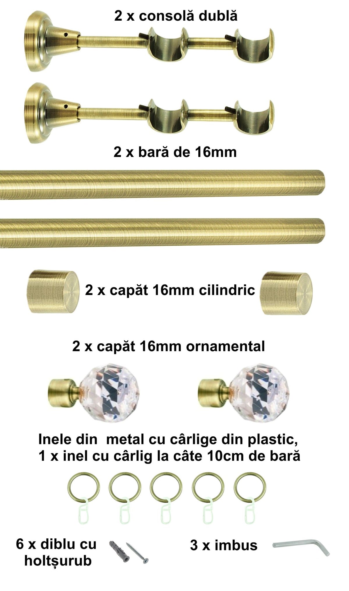 Galerie Metalică Cristal, dublă, clasică, cu inele, 16mm, antique brass (auriu antic)