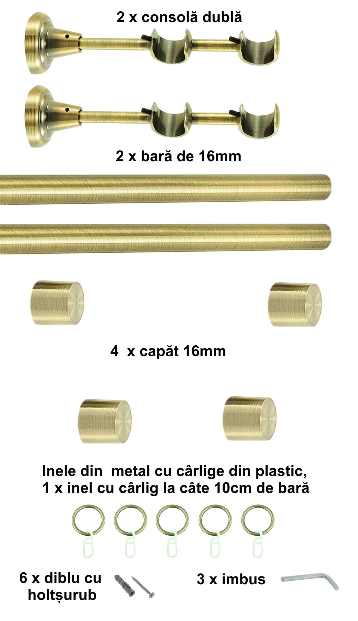 Galerie Metalică Luna, dublă, clasică, cu inele, 16mm, antique brass (auriu antic)