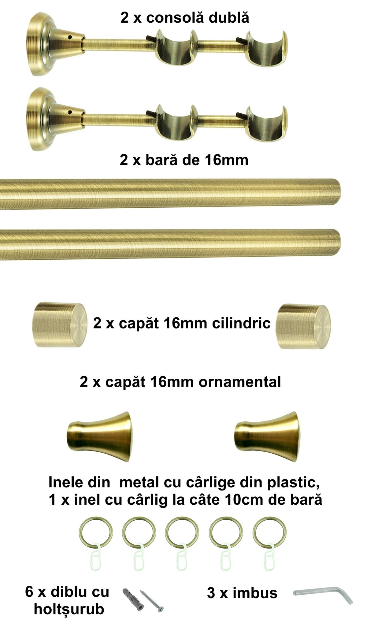 Galerie Metalică Monaco, dublă, clasică, cu inele, 16mm, antique brass (auriu antic)